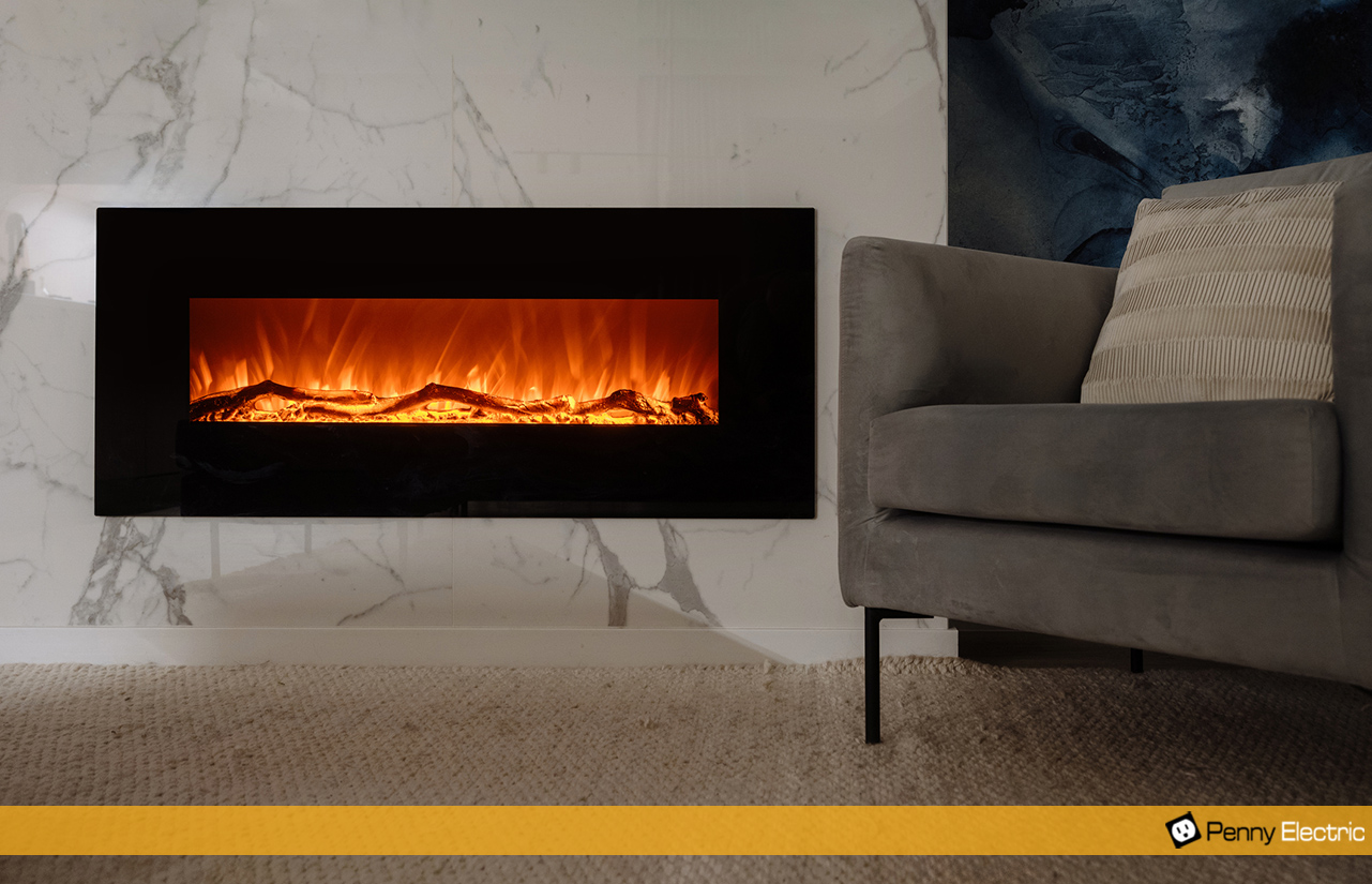 A stylish in wall mounted electric fireplace in a modern living room.