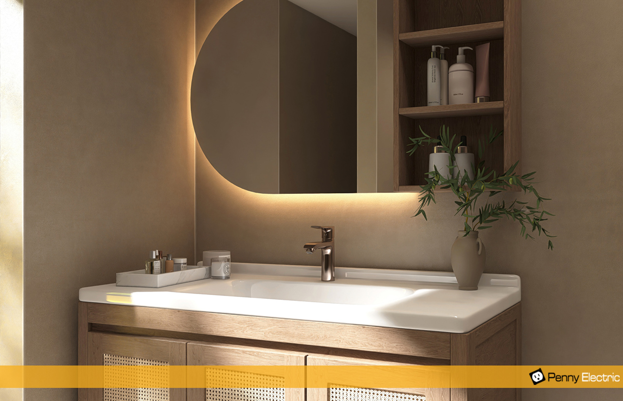 A bathroom Mirror with LED lighting.