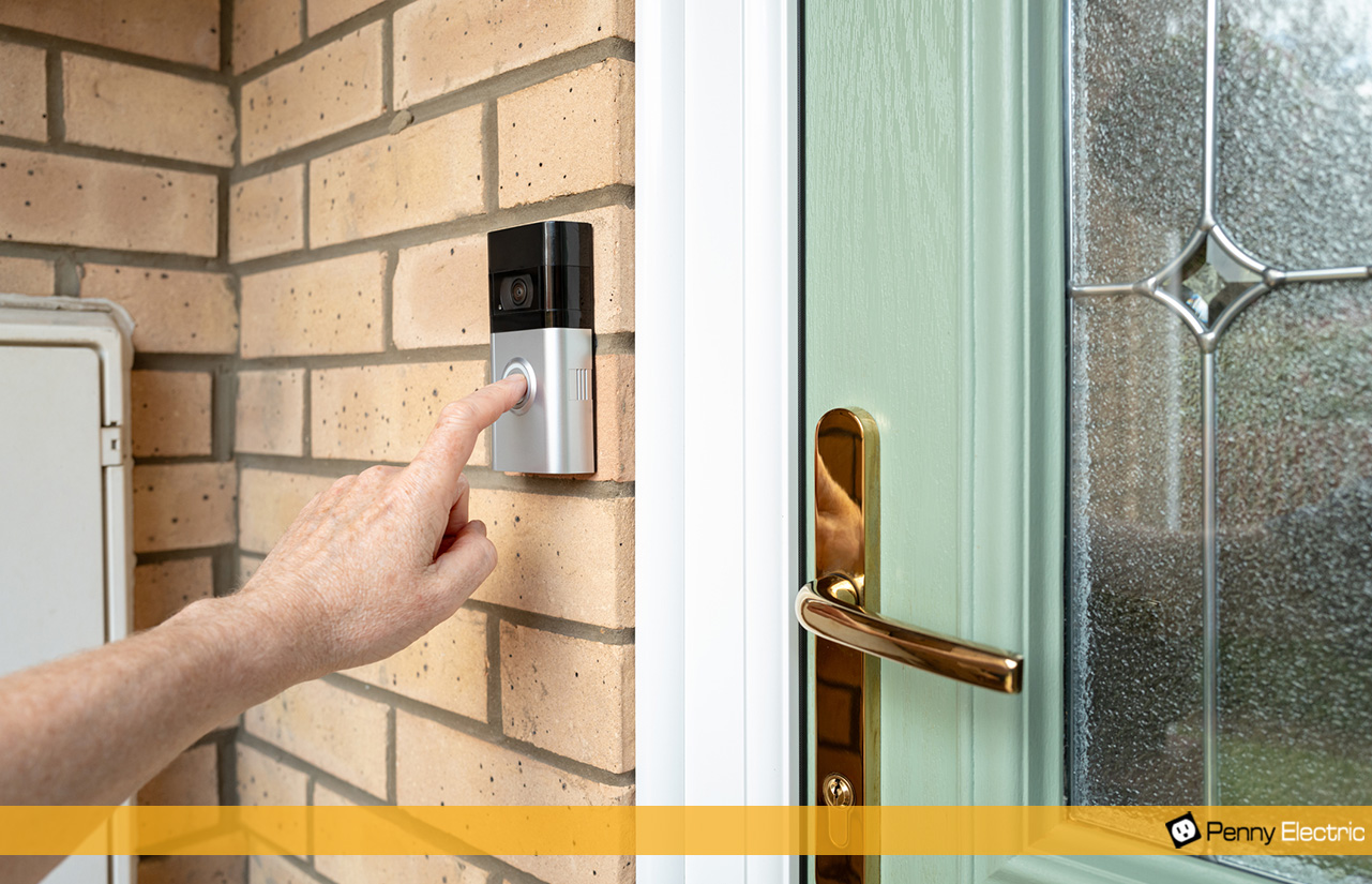 A doorbell camera installed at the front door of a home