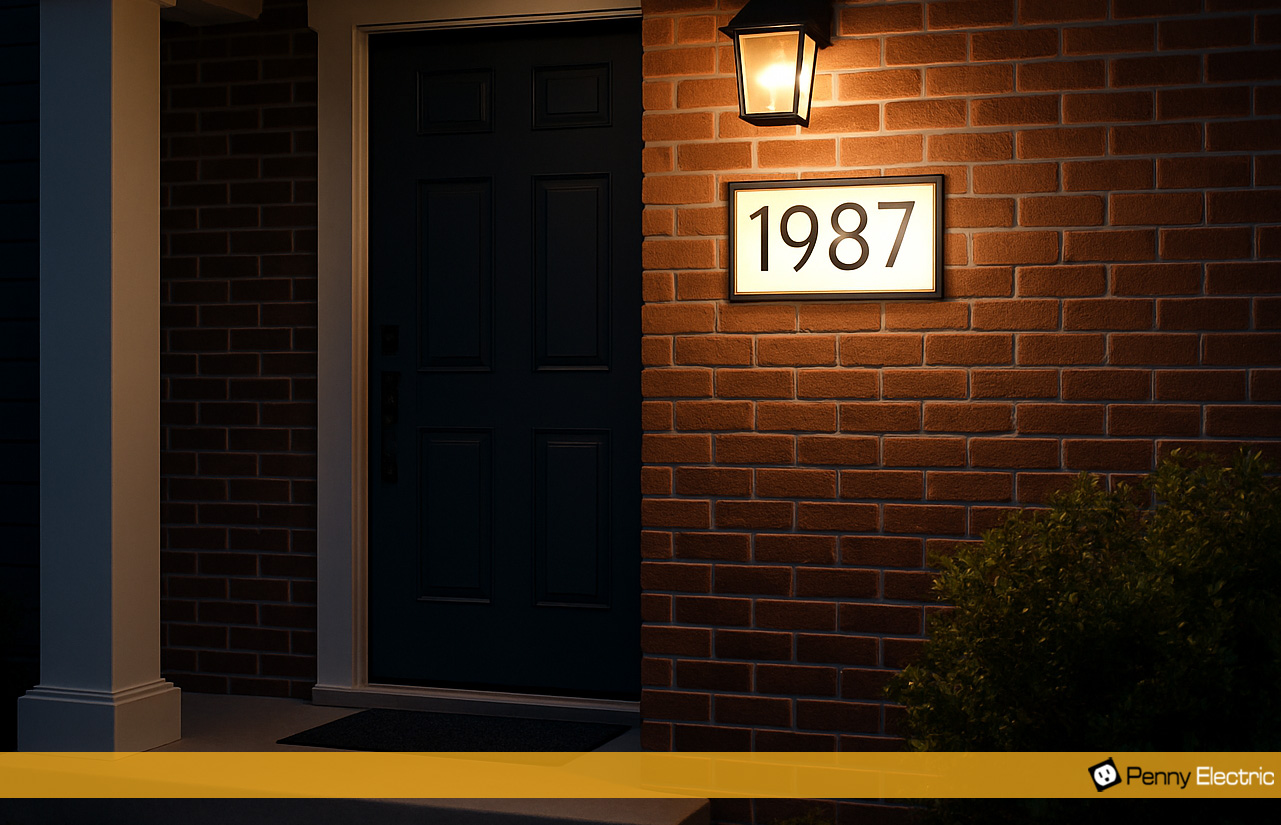 The porch of a home with address lighting